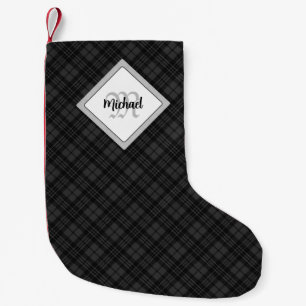 Trendy Black white tartan Personalize Monogram Small Christmas Stocking