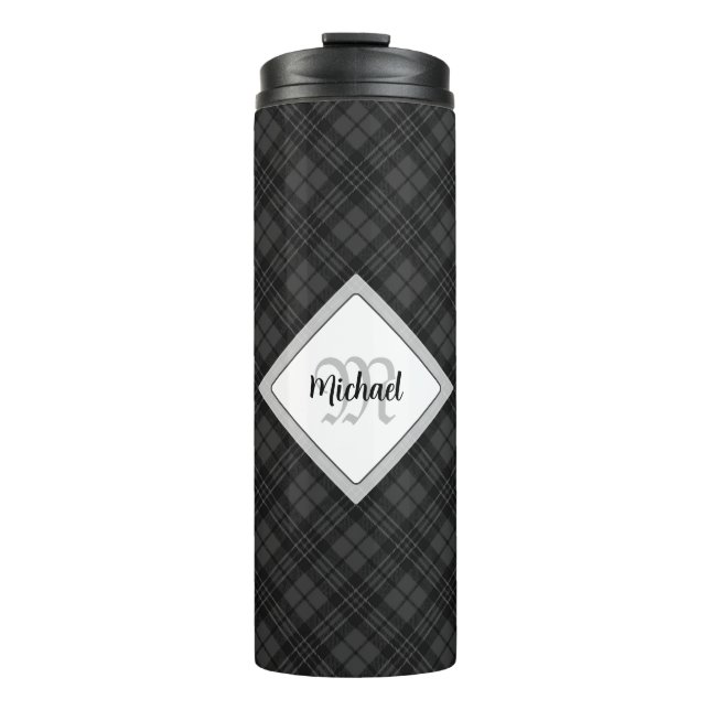 Trendy Black white tartan Personalize Monogram Thermal Tumbler (Front)