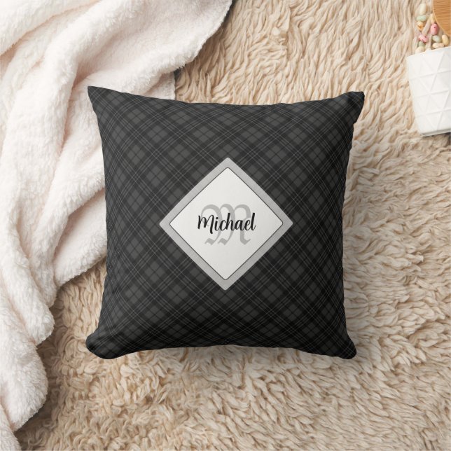 Trendy Black white tartan Personalize Monogram Throw Pillow (Blanket)