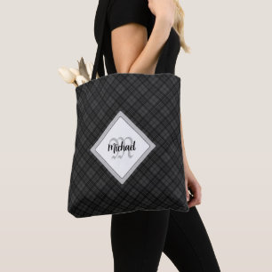 Trendy Black white tartan Personalize Monogram Tote Bag