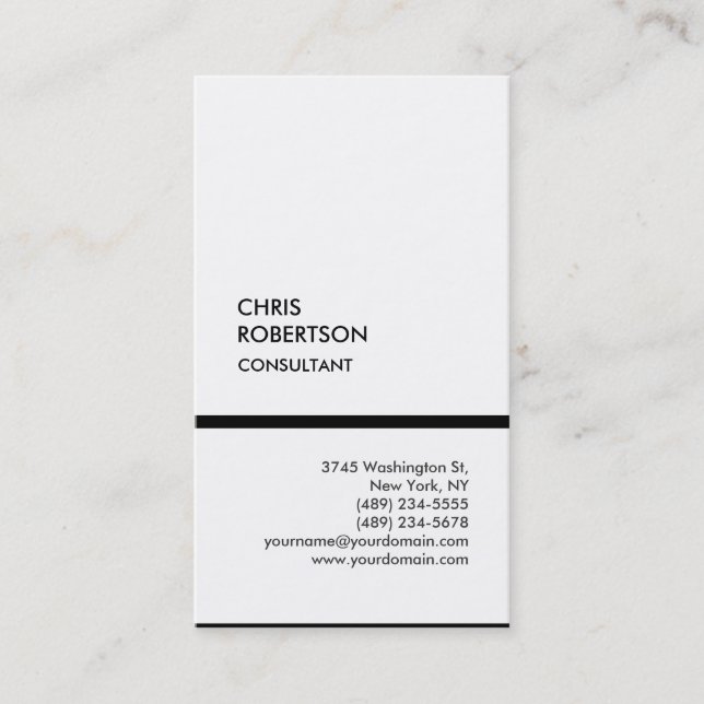 Trendy black white vertical modern business card (Front)