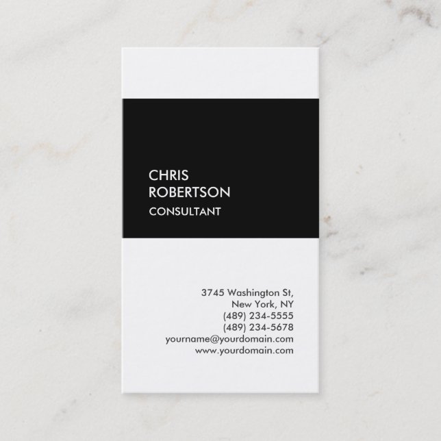 Trendy black white vertical unique business card (Front)
