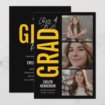 Trendy Black Yellow 3 Photo Graduation Card