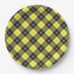 Trendy Black Yellow Plaid Pattern Paper Plate
