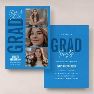 Trendy Blue 3 Photo Graduation Party Announcement