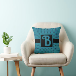 Trendy Blue and Black Dots Monogram Throw Pillow