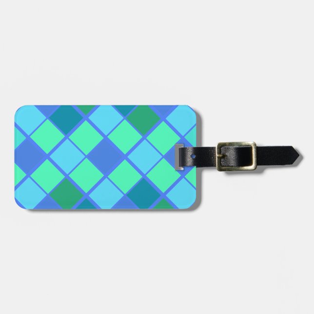 Trendy Blue and Green Diamond Pattern Luggage Tag (Front Horizontal)