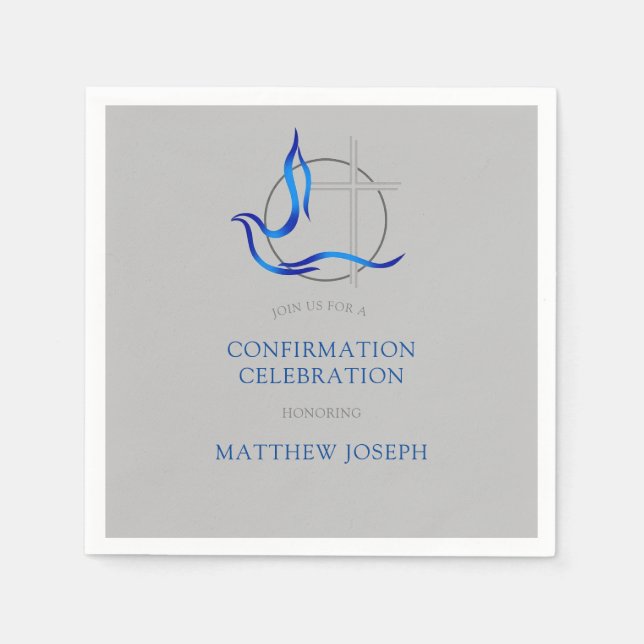 Trendy Blue and Grey Cross Dove Confirmation Napkin (Front)