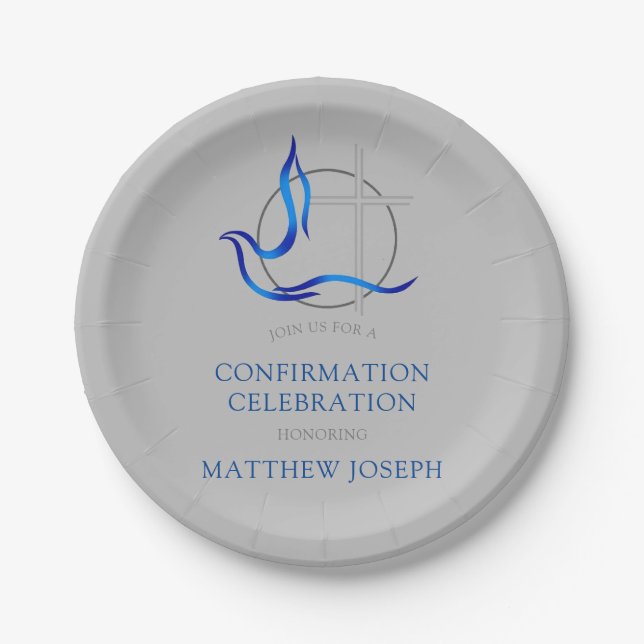 Trendy Blue and Grey Cross Dove Confirmation Paper Plate (Front)