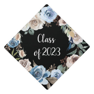 Trendy Blue and Neutral Floral   Class of 2023 Graduation Cap Topper