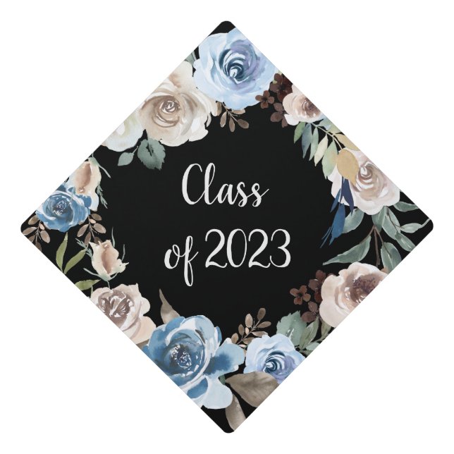 Trendy Blue and Neutral Floral | Class of 2023 Graduation Cap Topper (Front)
