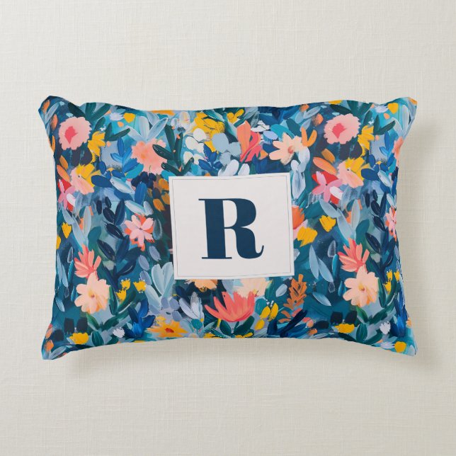 Trendy Blue and Pink Abstract Botanical Monogram Accent Pillow (Front)