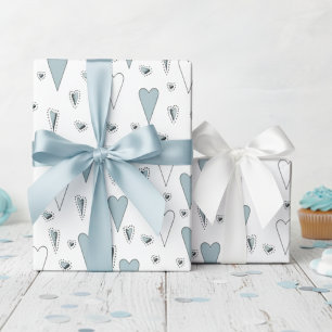 Trendy Blue and White Gender Neutral Hearts Wrapping Paper