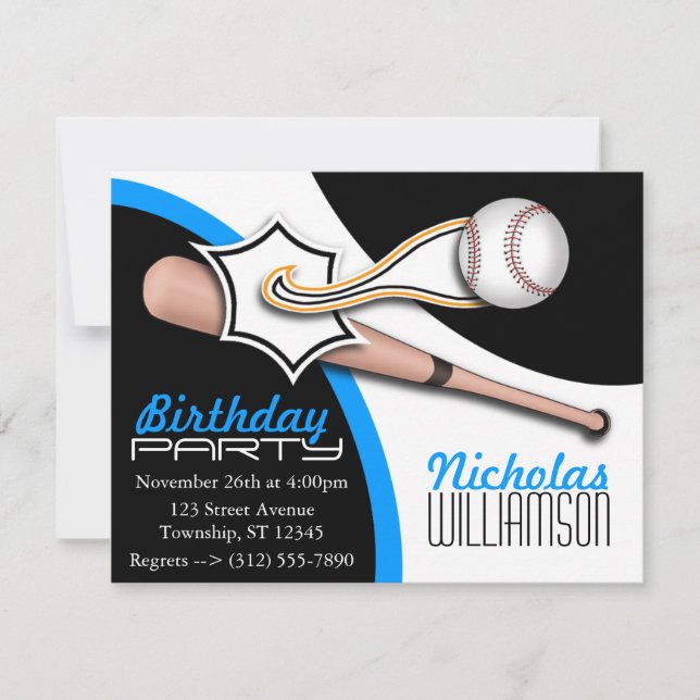 Trendy Blue Baseball Birthday Invitations (Front)
