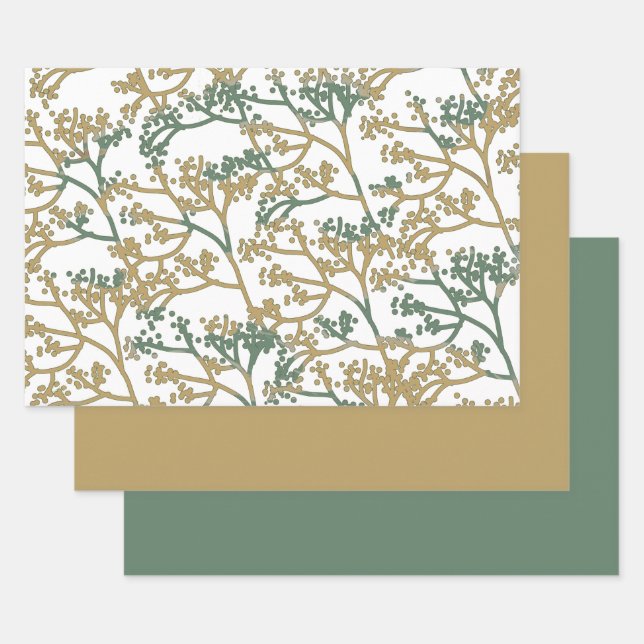 Trendy Blue Beige foilage design Wrapping Paper Sheet (Set)