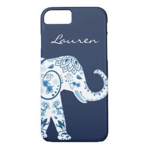 Trendy Blue Bohemian Lotus Elephant & Name Case-Mate iPhone Case