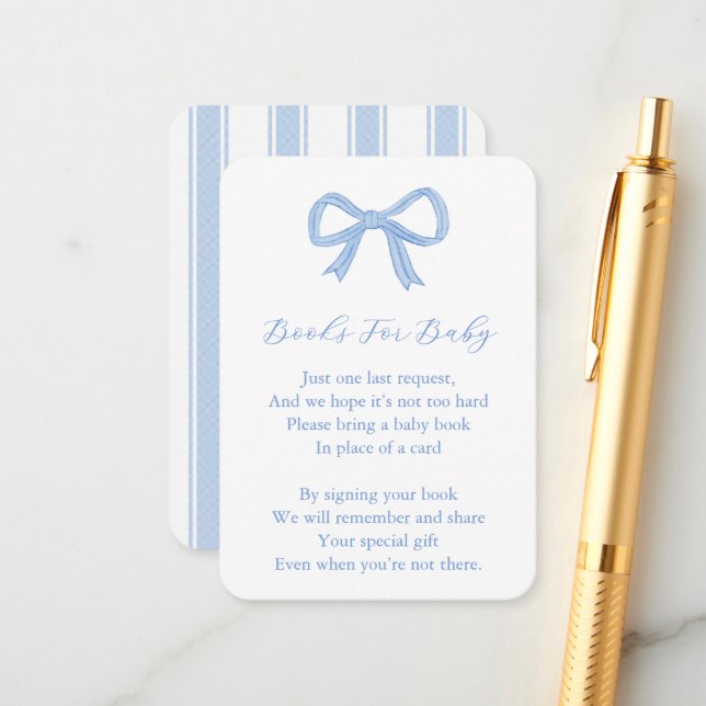 Trendy Blue Bow Bring A Book Baby Shower Enclosure Card (Front/Back In Situ)