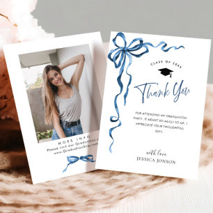 Trendy Blue Bow Coquette PHOTO Graduation Thank You Card