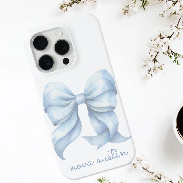 Trendy Blue Bow Personalized With Name Monogram Case-Mate iPhone Case (Creator Uploaded)