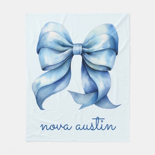 Trendy Blue Bow Personalized With Name Monogram Fleece Blanket (Front)