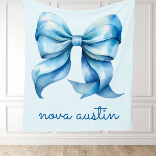 Trendy Blue Bow Personalized With Name Monogram Fleece Blanket