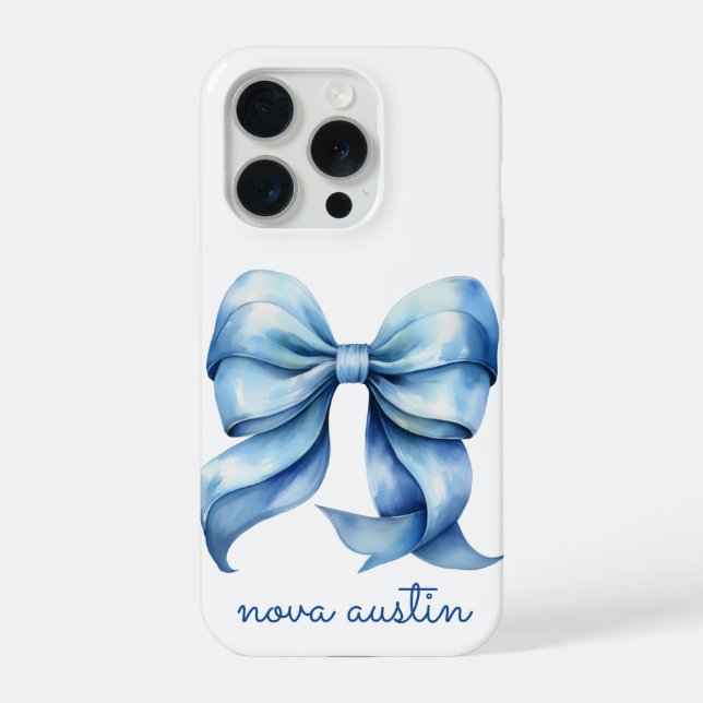 Trendy Blue Bow Personalized With Name Monogram iPhone Case (Back)