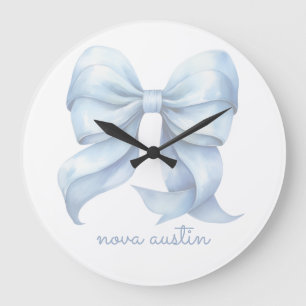 Trendy Blue Bow Personalized With Name Monogram Large Clock