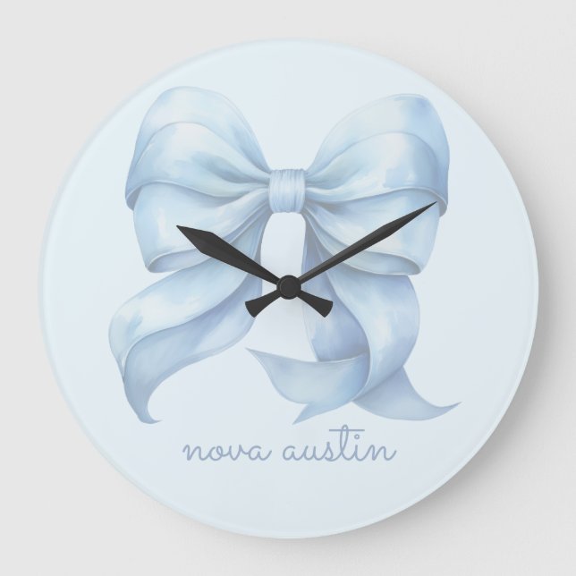 Trendy Blue Bow Personalized With Name Monogram Large Clock (Front)