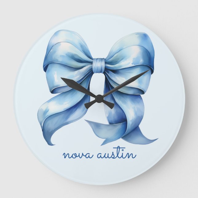 Trendy Blue Bow Personalized With Name Monogram Large Clock (Front)