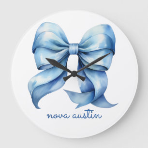 Trendy Blue Bow Personalized With Name Monogram Large Clock