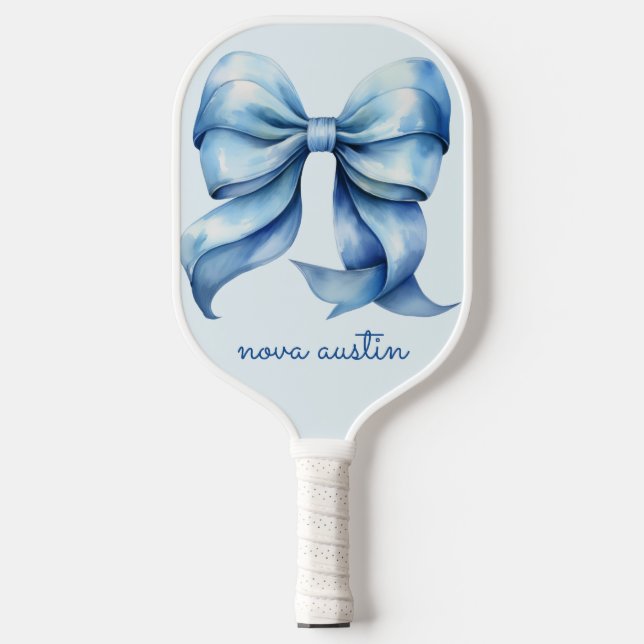 Trendy Blue Bow Personalized With Name Monogram Pickleball Paddle (Front)