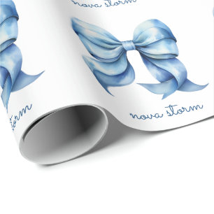 Trendy Blue Bow Personalized With Name Monogram Wrapping Paper