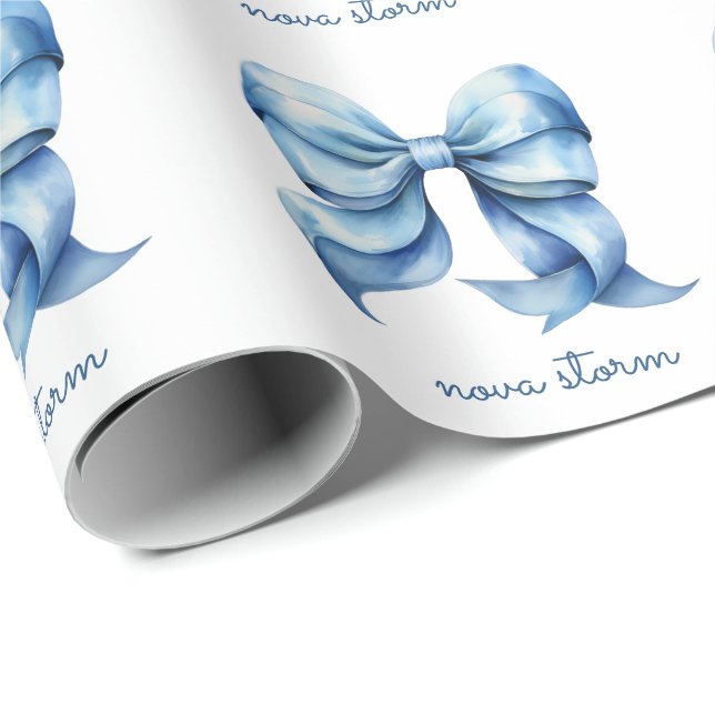 Trendy Blue Bow Personalized With Name Monogram Wrapping Paper (Roll Corner)