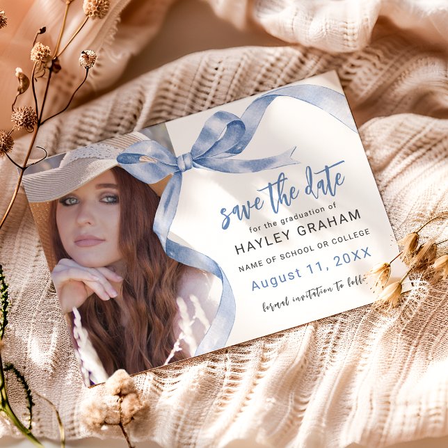 Trendy Blue Bow Photo Graduation Save The Date (Creator Uploaded)