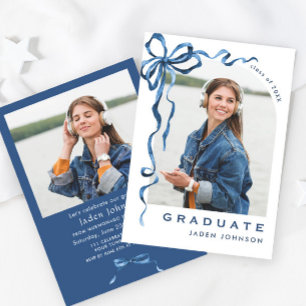 Trendy Blue Bow Ribbon 2 PHOTO Graduation Party Invitation