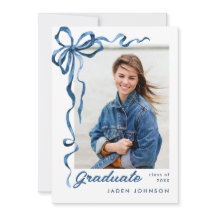 Trendy Blue Bow Ribbon 2 PHOTO Graduation Party