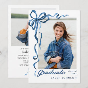 Trendy Blue Bow Ribbon 2 PHOTO Graduation Party Invitation