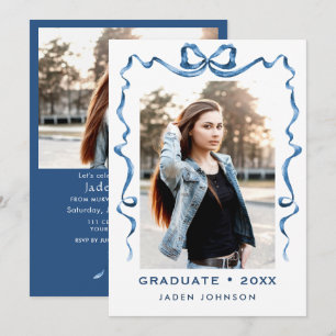Trendy Blue Bow Ribbon 2 PHOTO Graduation Party Invitation