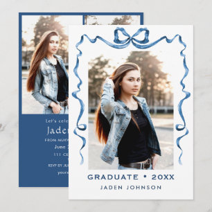 Trendy Blue Bow Ribbon 4 PHOTO Graduation Party Invitation
