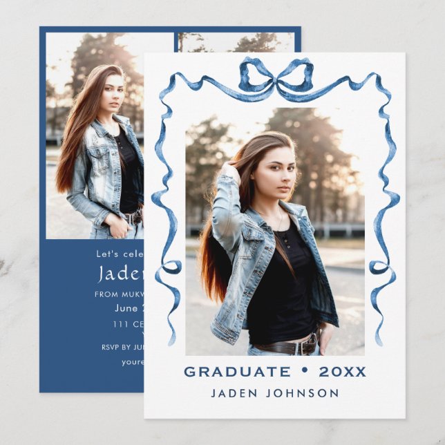 Trendy Blue Bow Ribbon 4 PHOTO Graduation Party Invitation (Front/Back)