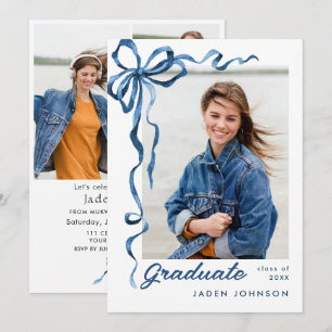 Trendy Blue Bow Ribbon 4 PHOTO Graduation Party Invitation