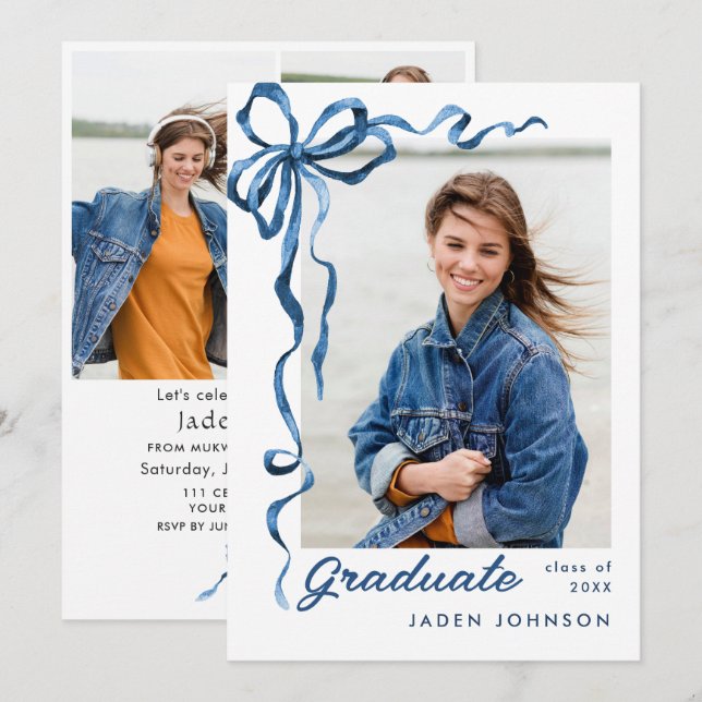 Trendy Blue Bow Ribbon 4 PHOTO Graduation Party Invitation (Front/Back)