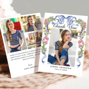 Trendy Blue Bow Ribbon 4 PHOTO Graduation Party Thank You Card