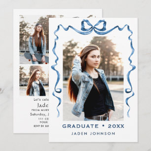 Trendy Blue Bow Ribbon 5 PHOTO Graduation Party Invitation