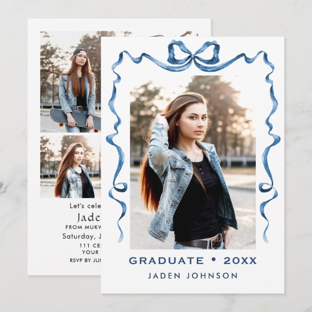 Trendy Blue Bow Ribbon 5 PHOTO Graduation Party Invitation (Front/Back)