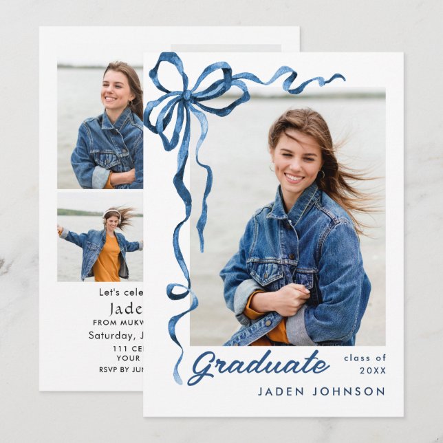 Trendy Blue Bow Ribbon 5 PHOTO Graduation Party Invitation (Front/Back)