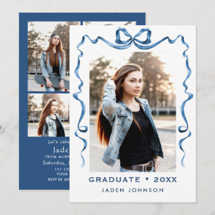 Trendy Blue Bow Ribbon 5 PHOTO Graduation Party Invitation