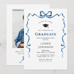 Trendy Blue Bow Ribbon PHOTO Graduation Party Invitation