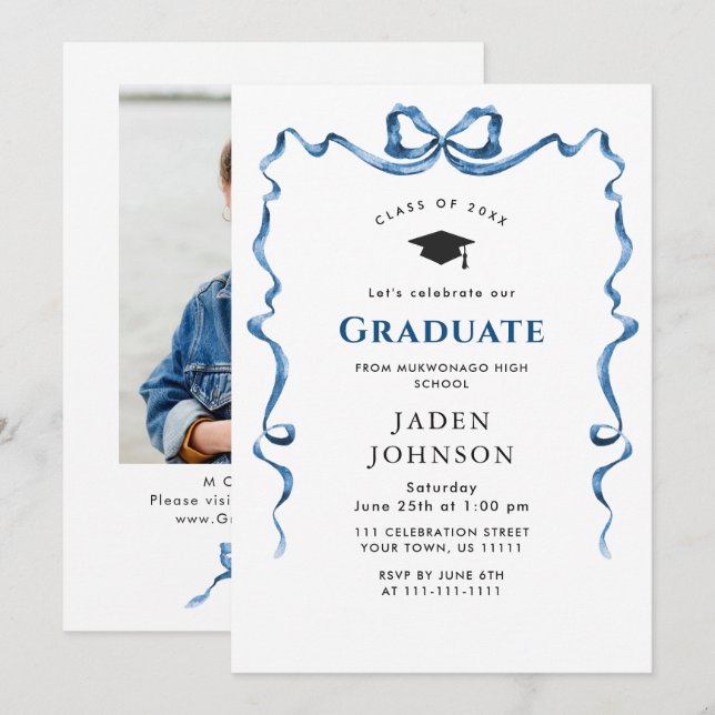 Trendy Blue Bow Ribbon PHOTO Graduation Party Invitation (Front/Back)