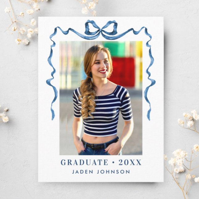 Trendy Blue Bow Ribbon PHOTO Graduation Party Postcard (Creator Uploaded)